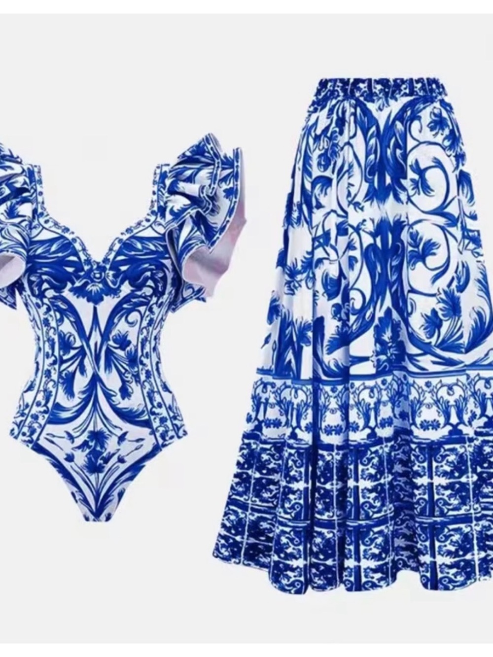 Blue & White Printed Swim Coverup Set